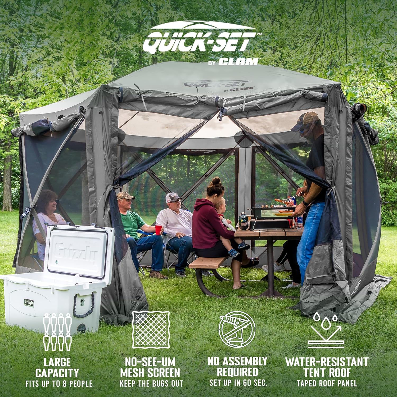CLAM Quick-Set Pavilion 12.5 x 12.5 Ft Pop-Up Camping Screen Tent with Carry Bag, Gray F1686