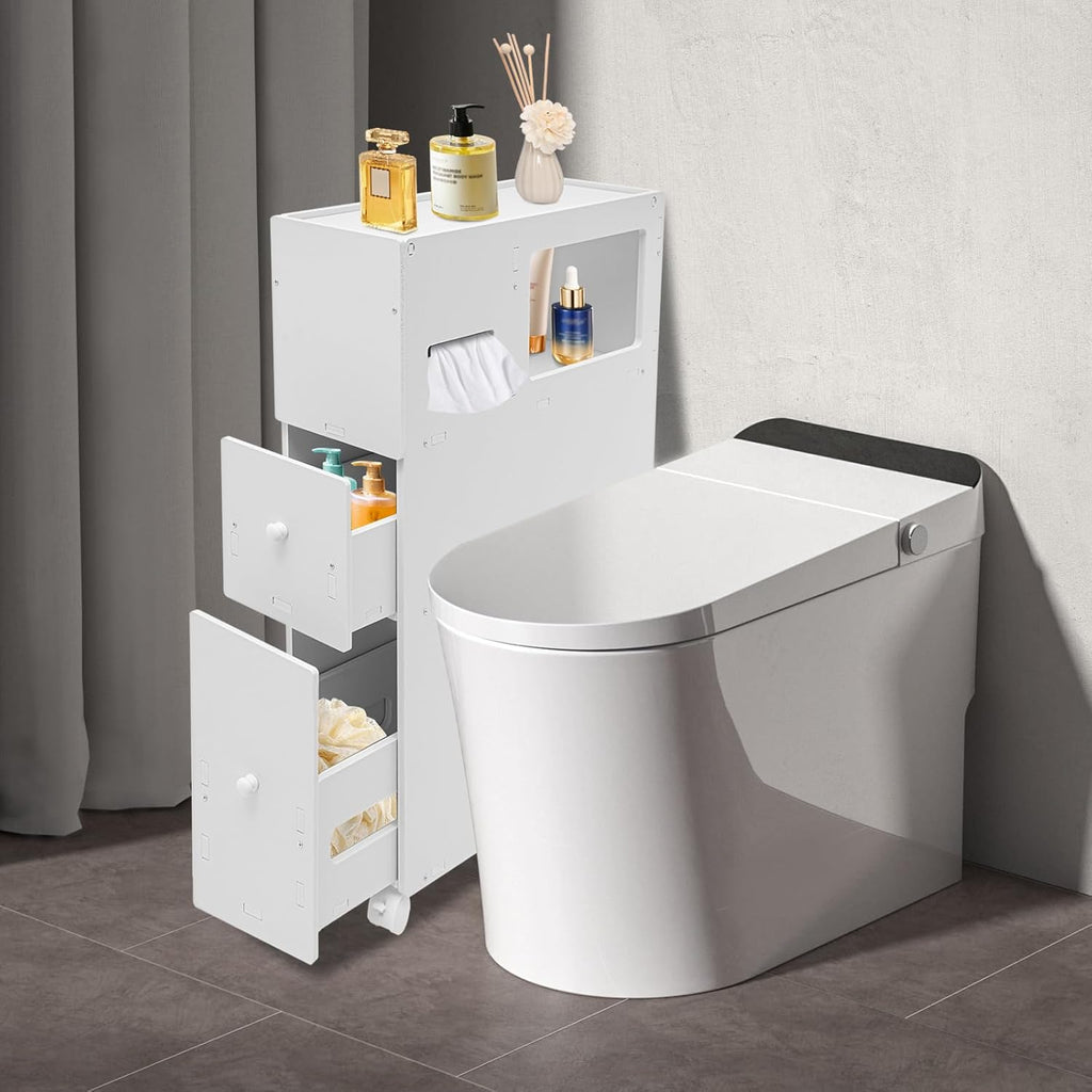 Rolling Narrow Bathroom Storage Cabinet, White J17971