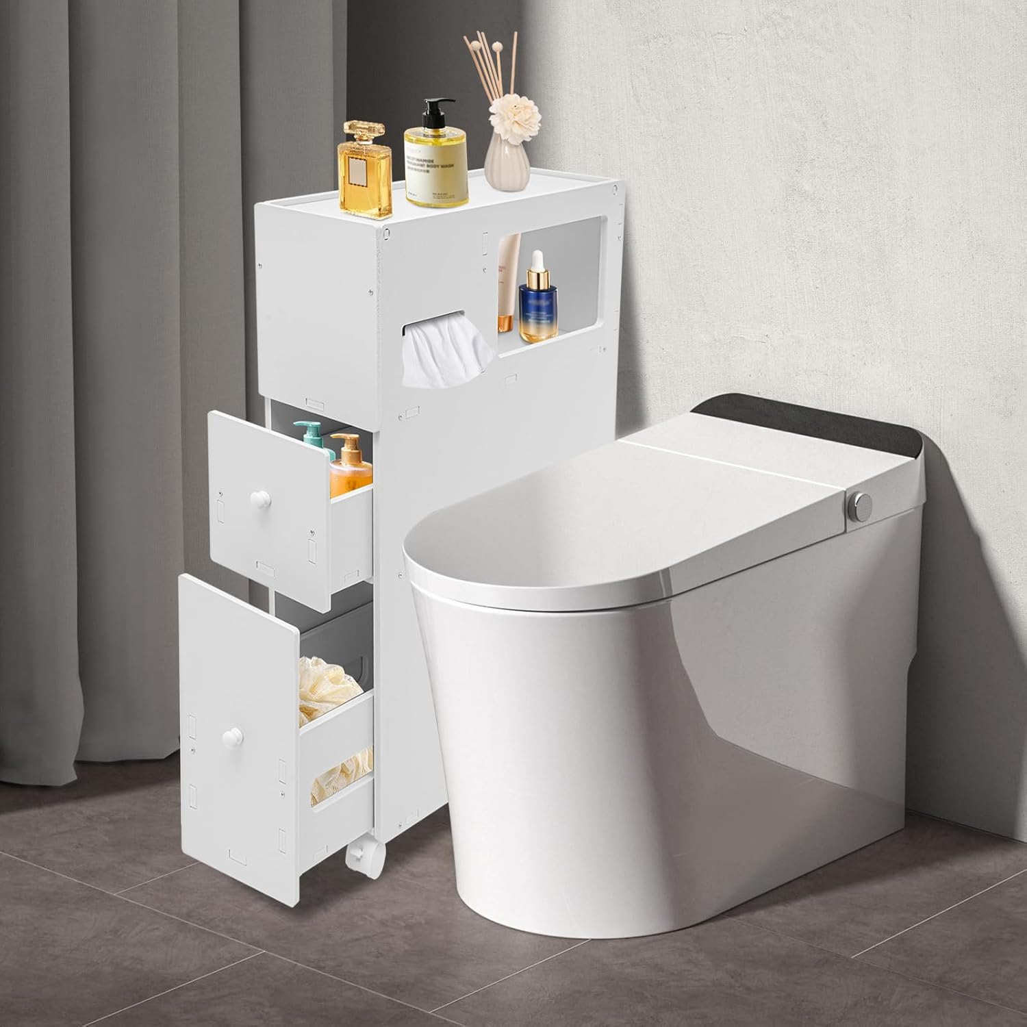 Rolling Narrow Bathroom Storage Cabinet, White J17971