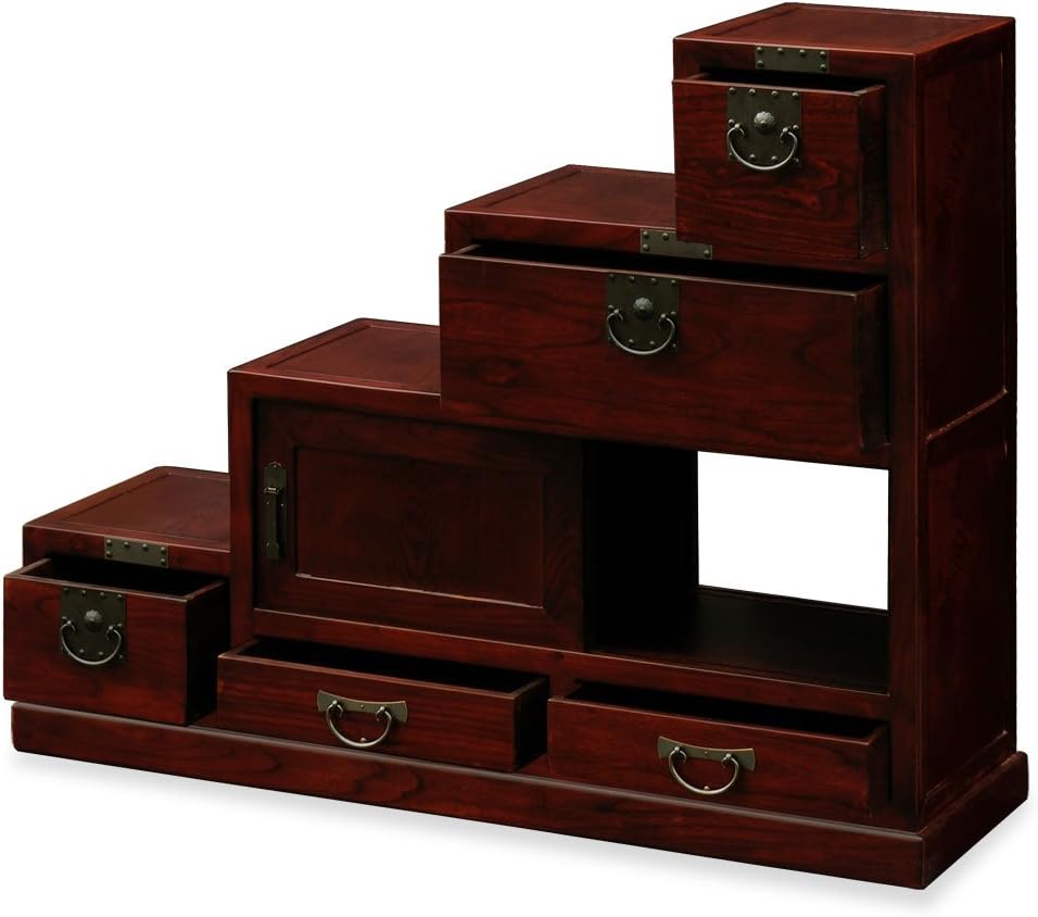 ChinaFurnitureOnline Japanese Style Elmwood Petite Step Tansu Chest - Dark Cherry E59836