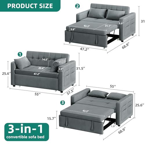 YITAHOME 55" Convertible Sofa Bed, 3-in-1 Sleeper Sofa, Velvet Futon Couch, Grey Z8630