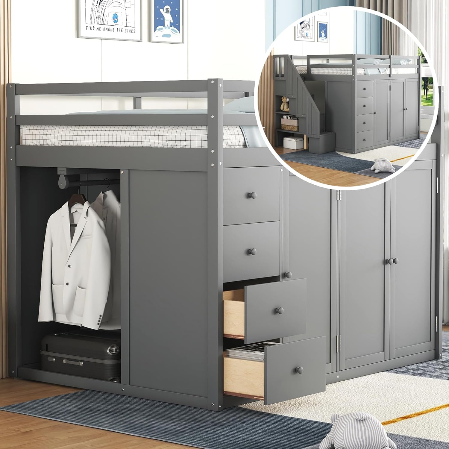 Full Size Wooden Loft Bed with Built-in Wardrobes and Staircase, Gray R8935