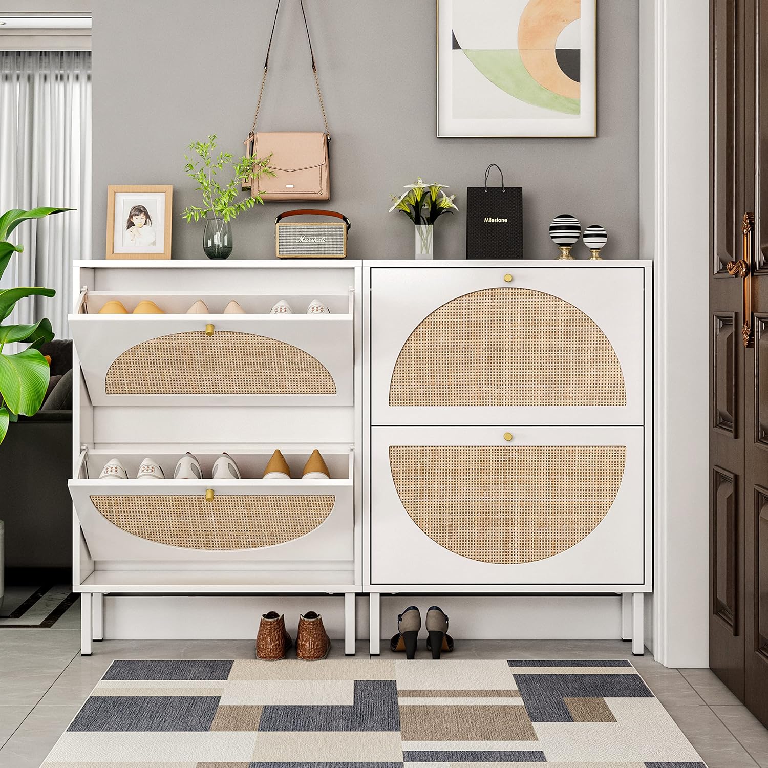 Yoluckea Rattan Shoe Cabinet with 2 Flip Drawers, White X3688