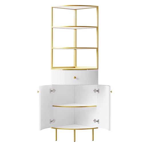 Modern Tall Corner Cabinet with Storage, White and Gold Metal Frame M43487
