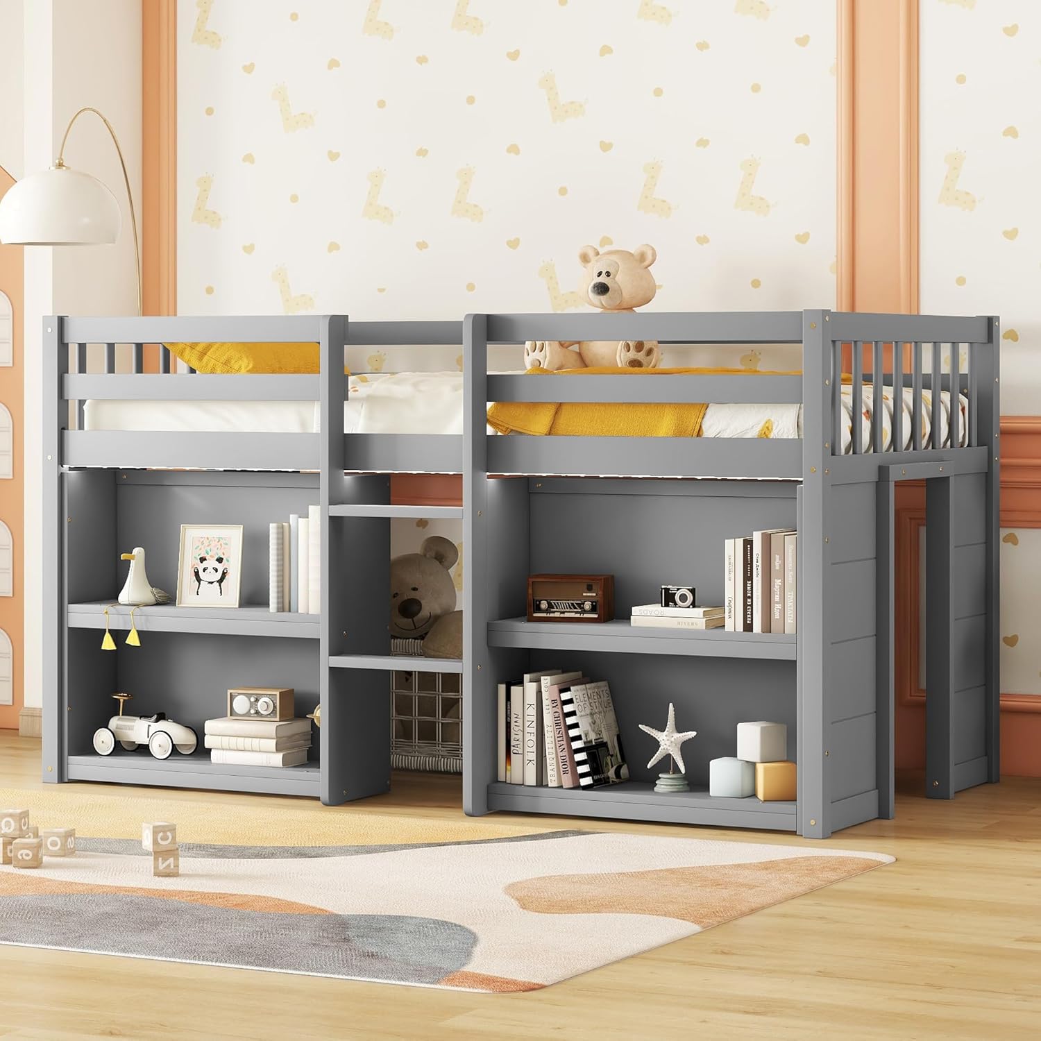 LED Twin Size Low Loft Bed for Kids,Twin Loft Bed with Storage Shelves,Kids Low Loft Bed Frame with LED Light,Space Saving, Grey