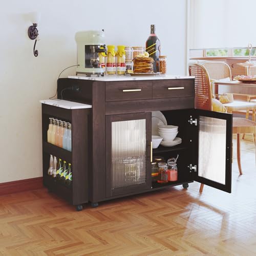 HLR Extendable Kitchen Island on Wheels with Power Outlet, Marble Grain Top G387582