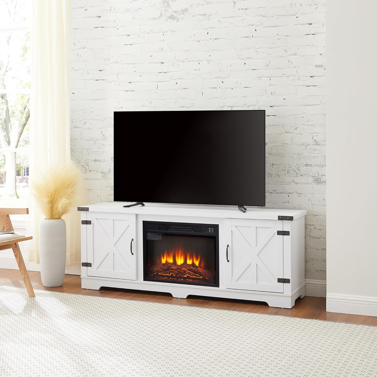 Modern Farmhouse TV Media Stand with Fireplace Insert, White E241