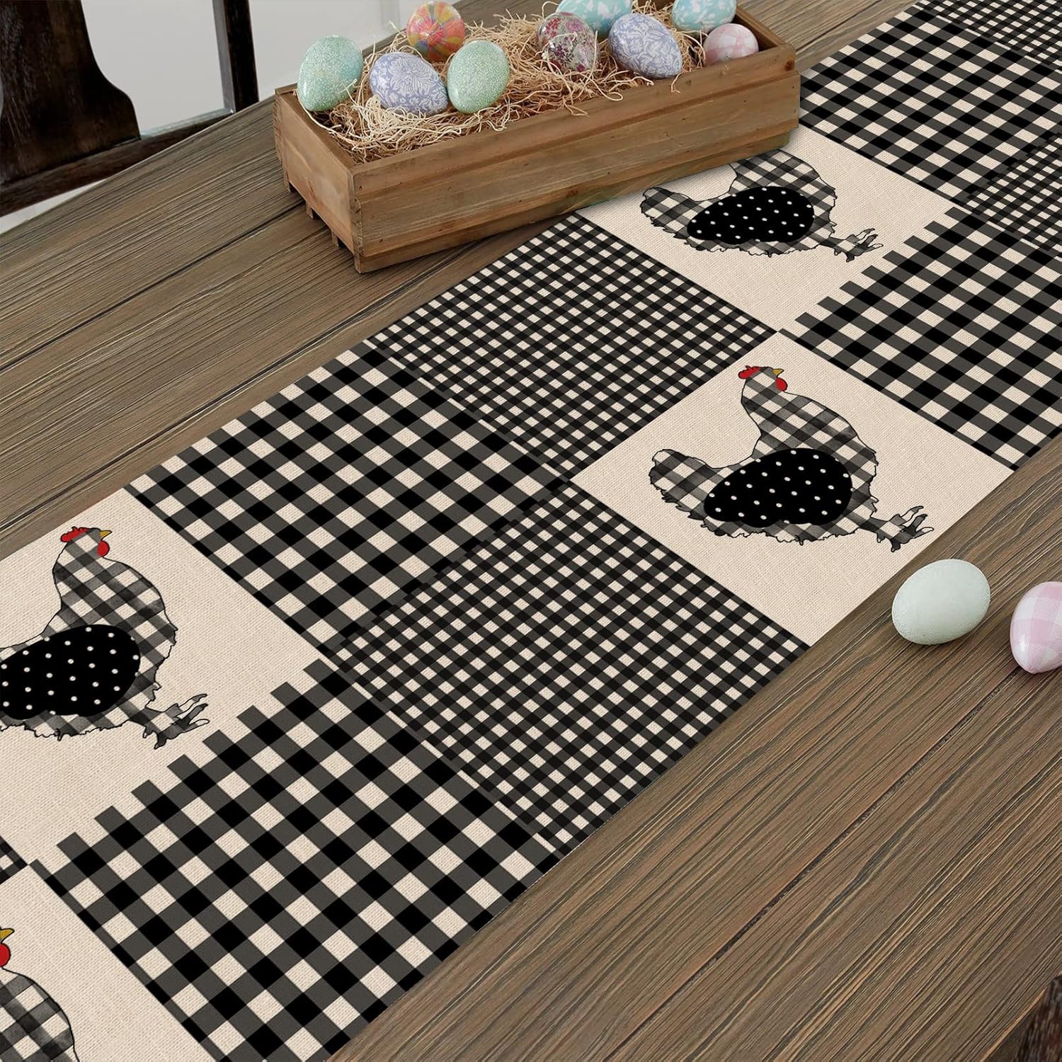 Seliem Farm Animal Chicken Hen Black White Buffalo Plaid Table Runner 13x72 K645263