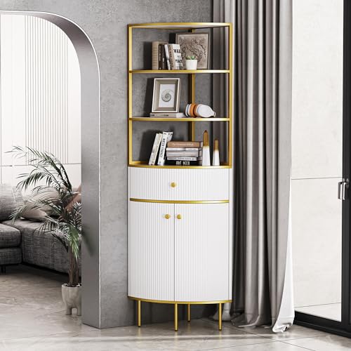 Modern Tall Corner Cabinet, 74.8" Corner Bookshelf with Storage Corner Bookcase with 1 Drawer and 2 Doors,Wooden Corner Shelf Stand with Gold Metal Frame for Living Room,Home Office White