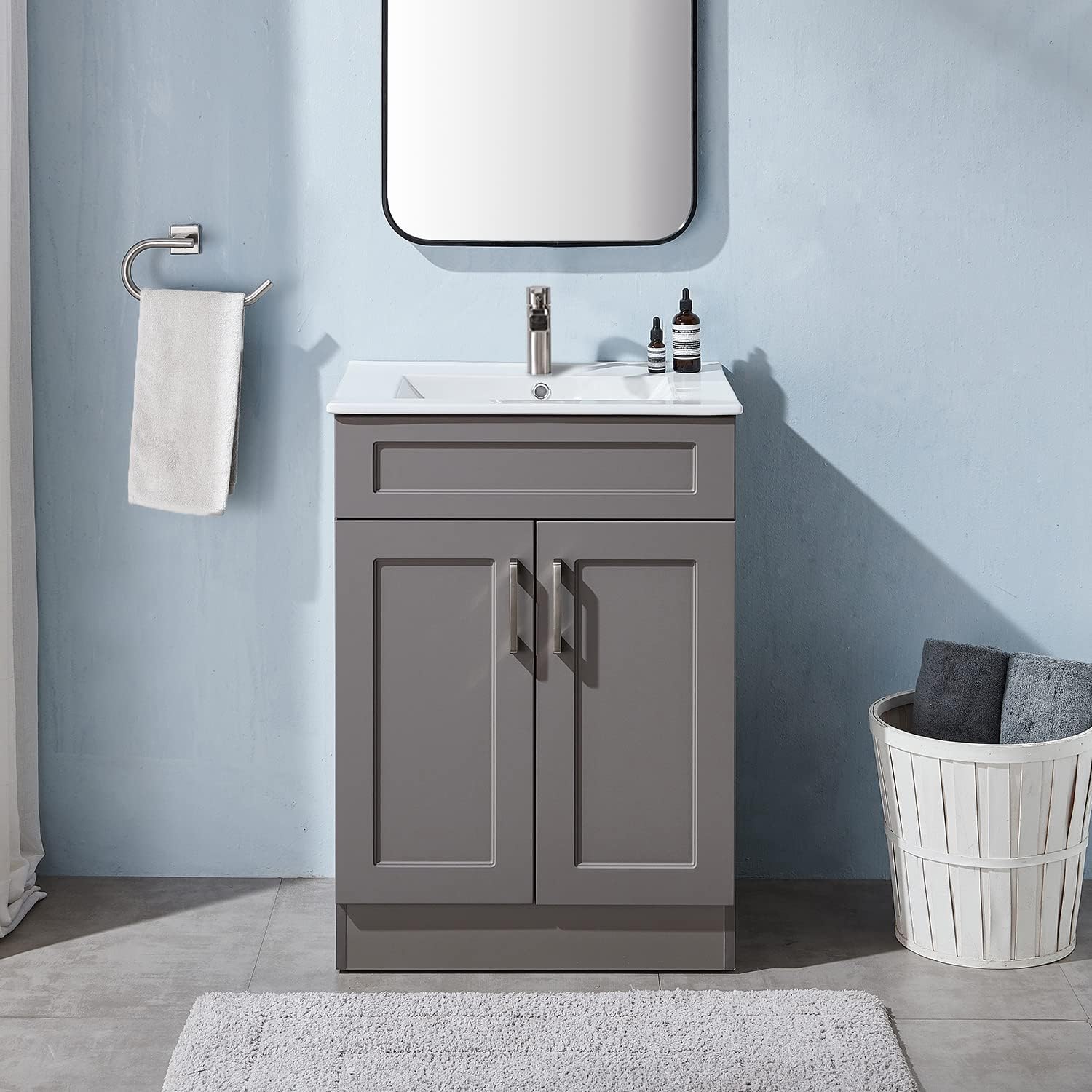 24 Inch Bathroom Vanity with Sink, Gray Cabinet and White Ceramic Basin O59220