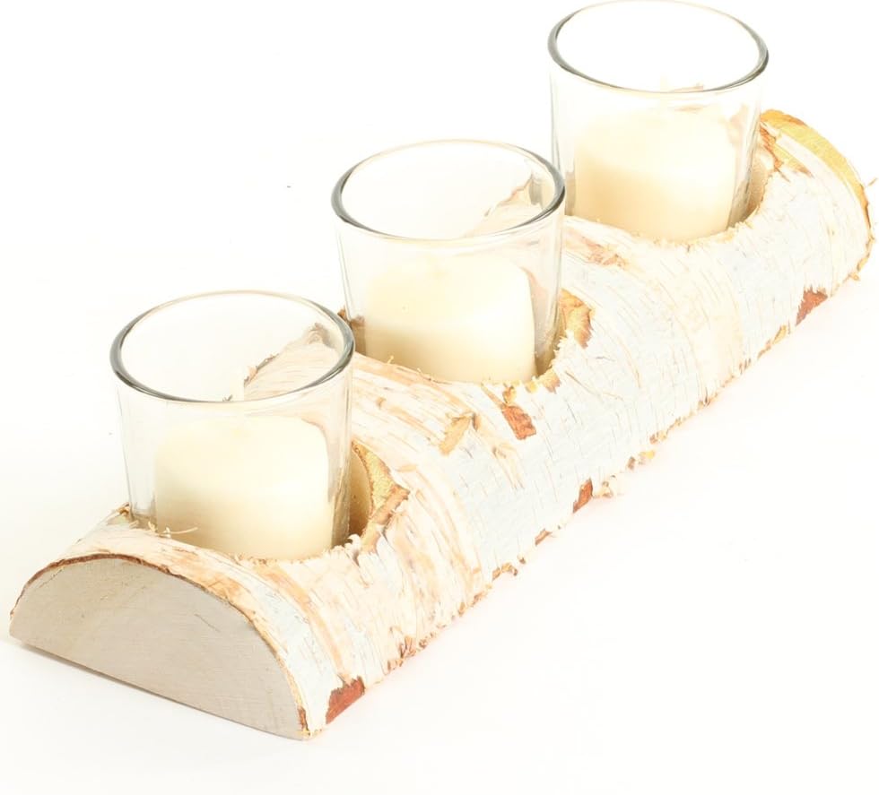 Koyal Wholesale Birch Wedding 10-Inch Log Candle Holder with 3 Glass Holders H752