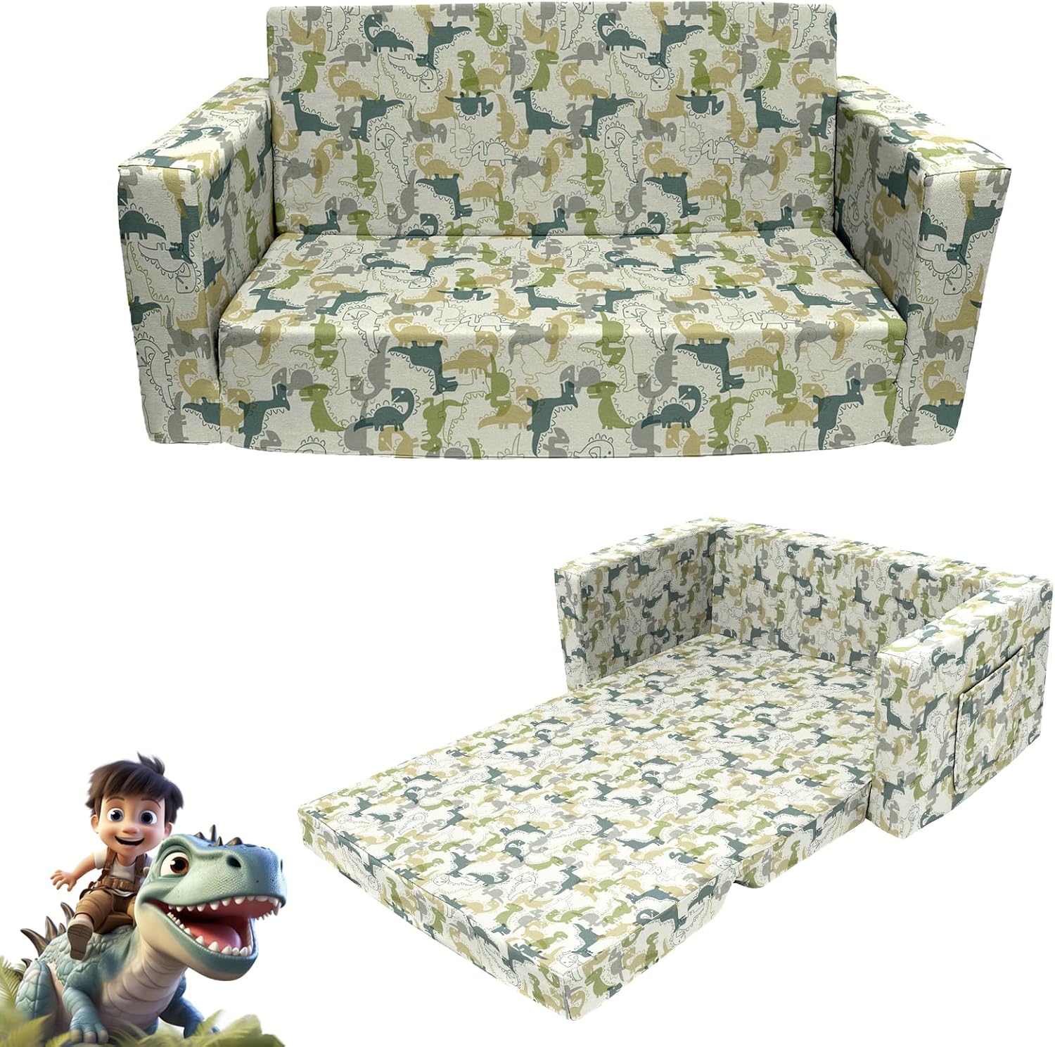 Extra Soft 2 Seats 2 in 1 Flip Open Chair & Sleeper, Cute Dinosaur Print for Toddlers (Blue-Balloon) Y574