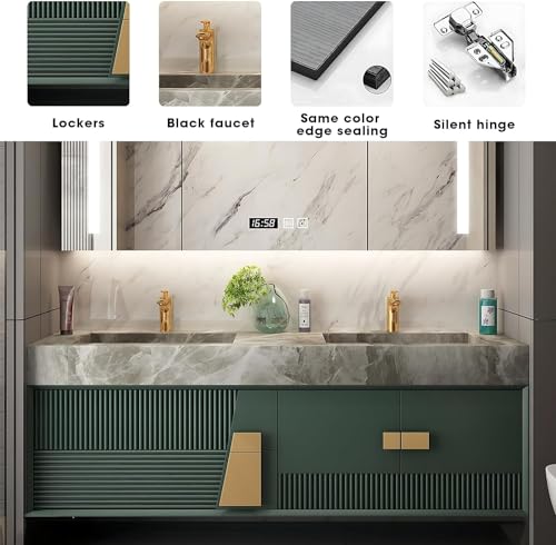 Double Bathroom Vanity Sink Set with Ceramic Basin Wall Mounted Cabinet Green Solid Wood (52IN) R69734