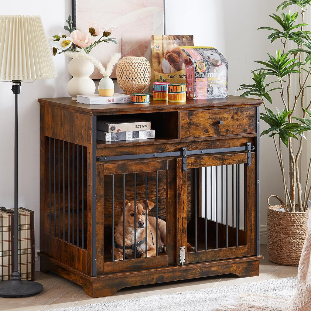 35.4 Inch Furniture Style Dog Crate with Sliding Barn Door and Storage Drawers, Wooden Dog Cage Furniture End Side Table, Chew-Resistant, Rustic Brown, 35.4" W x 23.6" D x 33.5" H