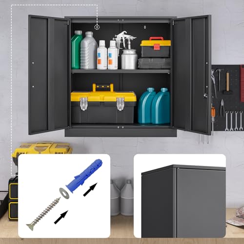 Metal Wall Cabinet with 2 Doors and Lock, 27.95" H, Black & Grey M850649