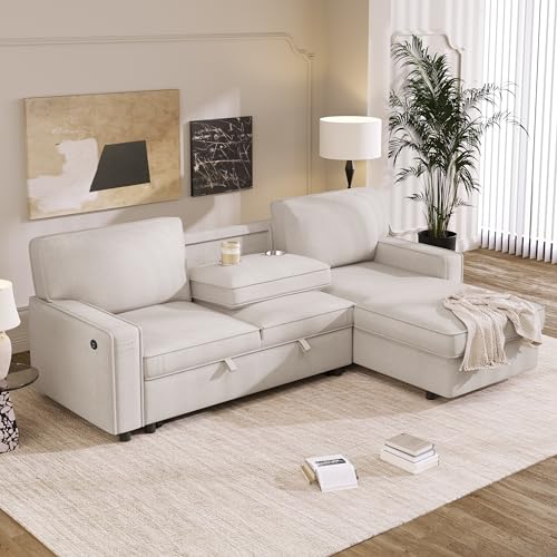 89" W Pull Out Sofa Bed, Upholstery Sleeper Sofa Couch with Storage Space, USB Port, 2 Cup Holders for Living Room - Gray