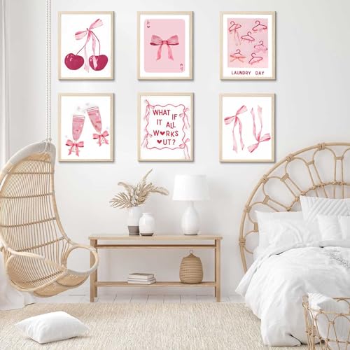6Pcs Pink Bows Wall Art, Coquette Posters for Room Decor, Unframed 8x10in L544