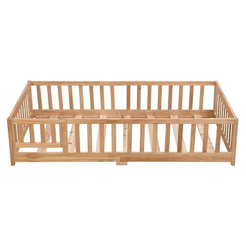 Twin Size Floor Bed with Door, Solid Wood Montessori Bed with Rails and Slats E36819