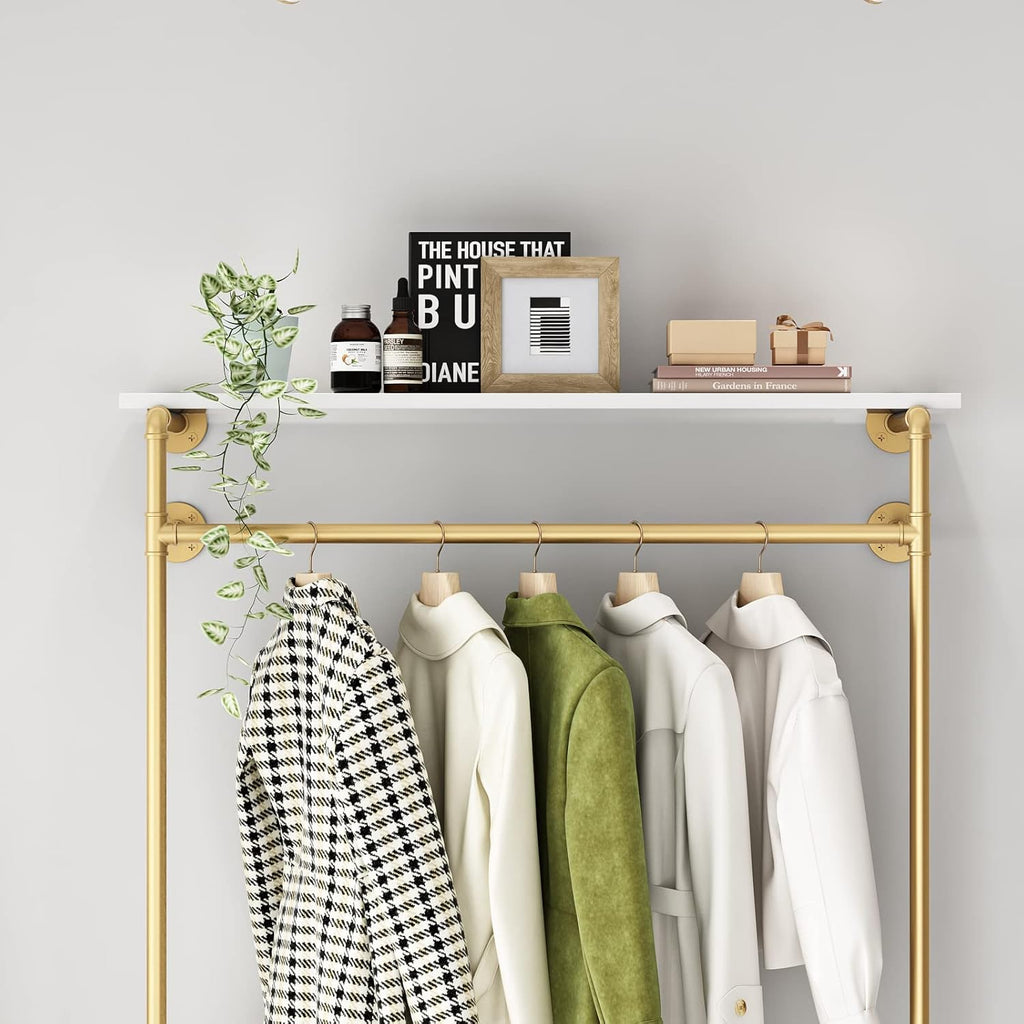 HOMEKAYT Industrial Wall Mounted Clothing Rack with 2-Tier Wooden Shelves, Gold Y32039