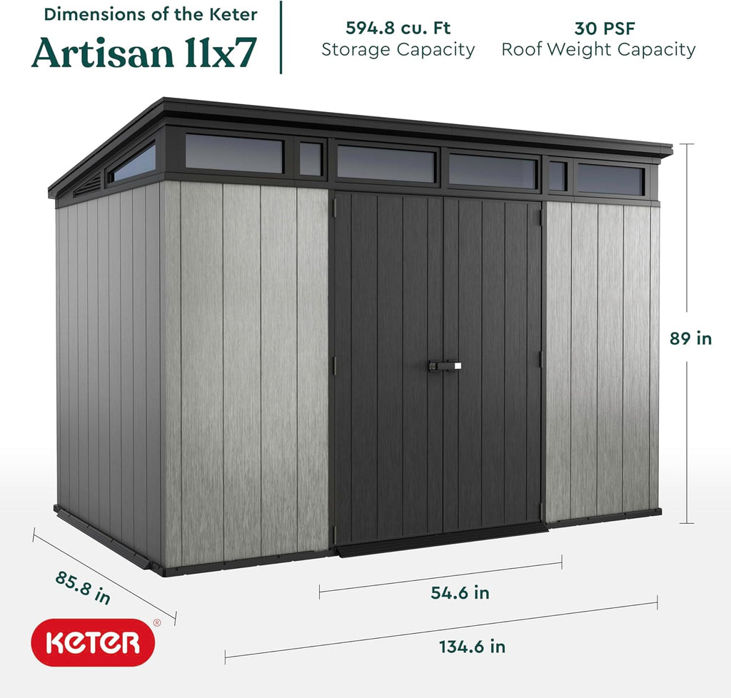 Keter Artisan 11x7 Resin Outdoor Storage Shed, Grey & Black A705