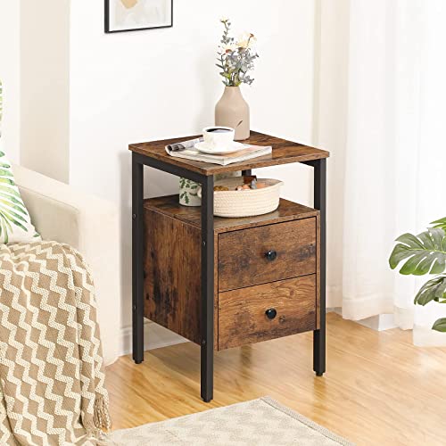 HOOBRO Nightstand, End Table with 2 Drawers and Storage Shelves, Rustic Brown and Black Y607661