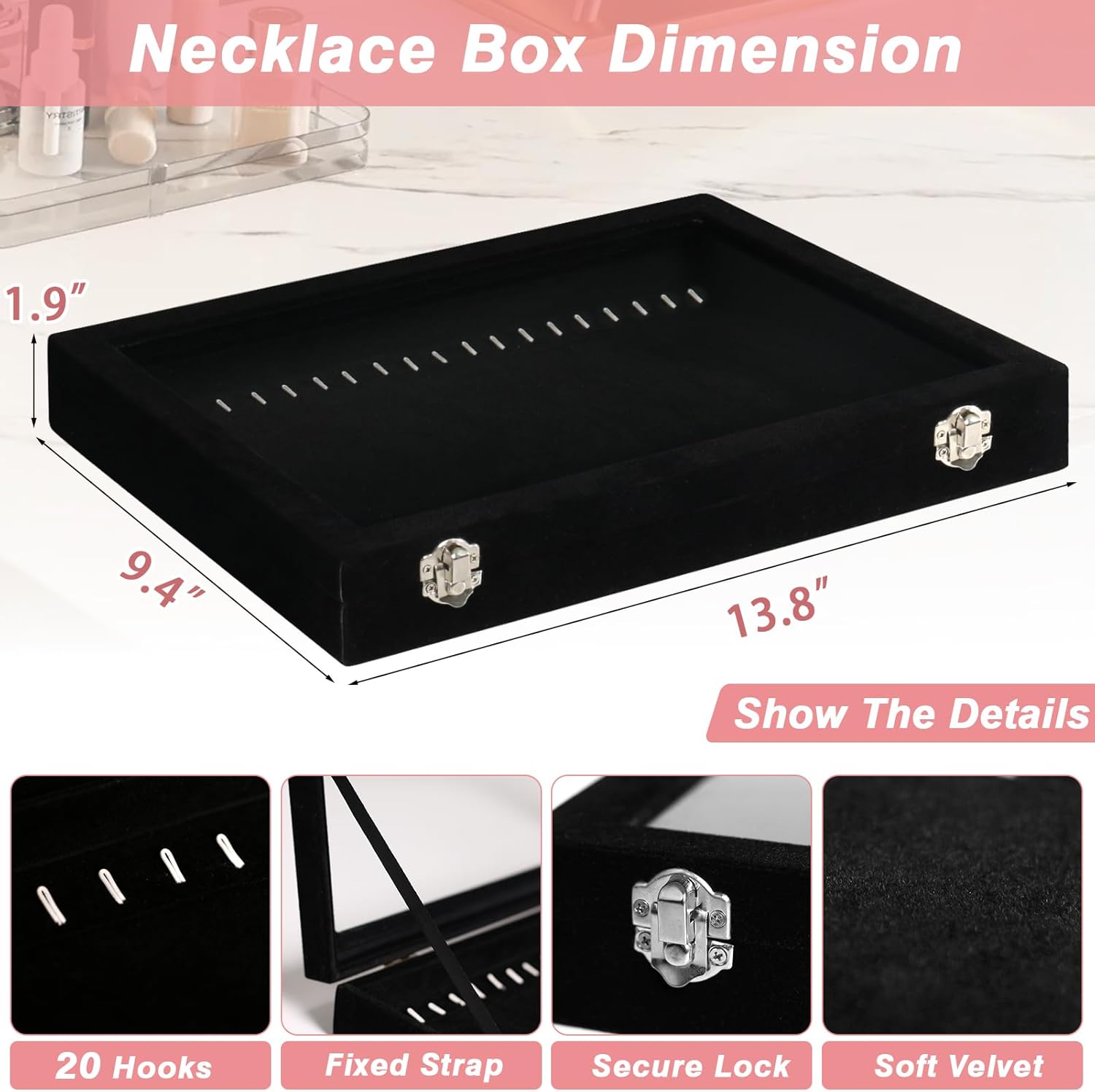 Velvet Jewelry Organizer Box with Clear Lid, 20 Hooks Necklace Holder F716635