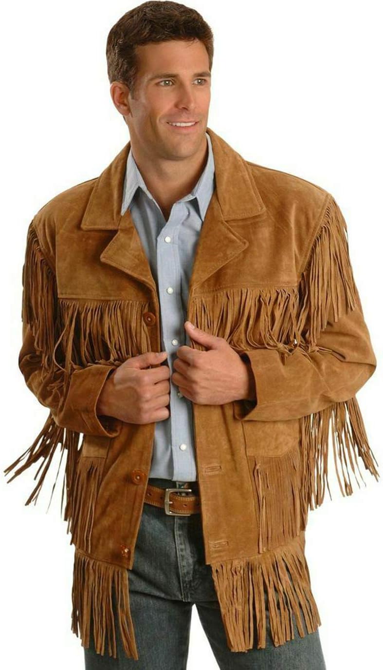 Men's Traditional Cowboy Western Leather Jacket Brown with Fringe K740