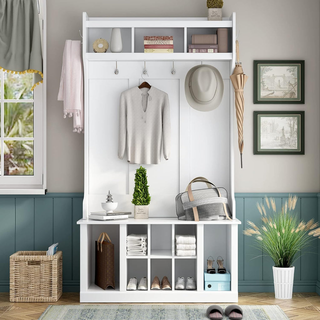 NicBex Hall Tree with Bench and 6 Hooks, White X571