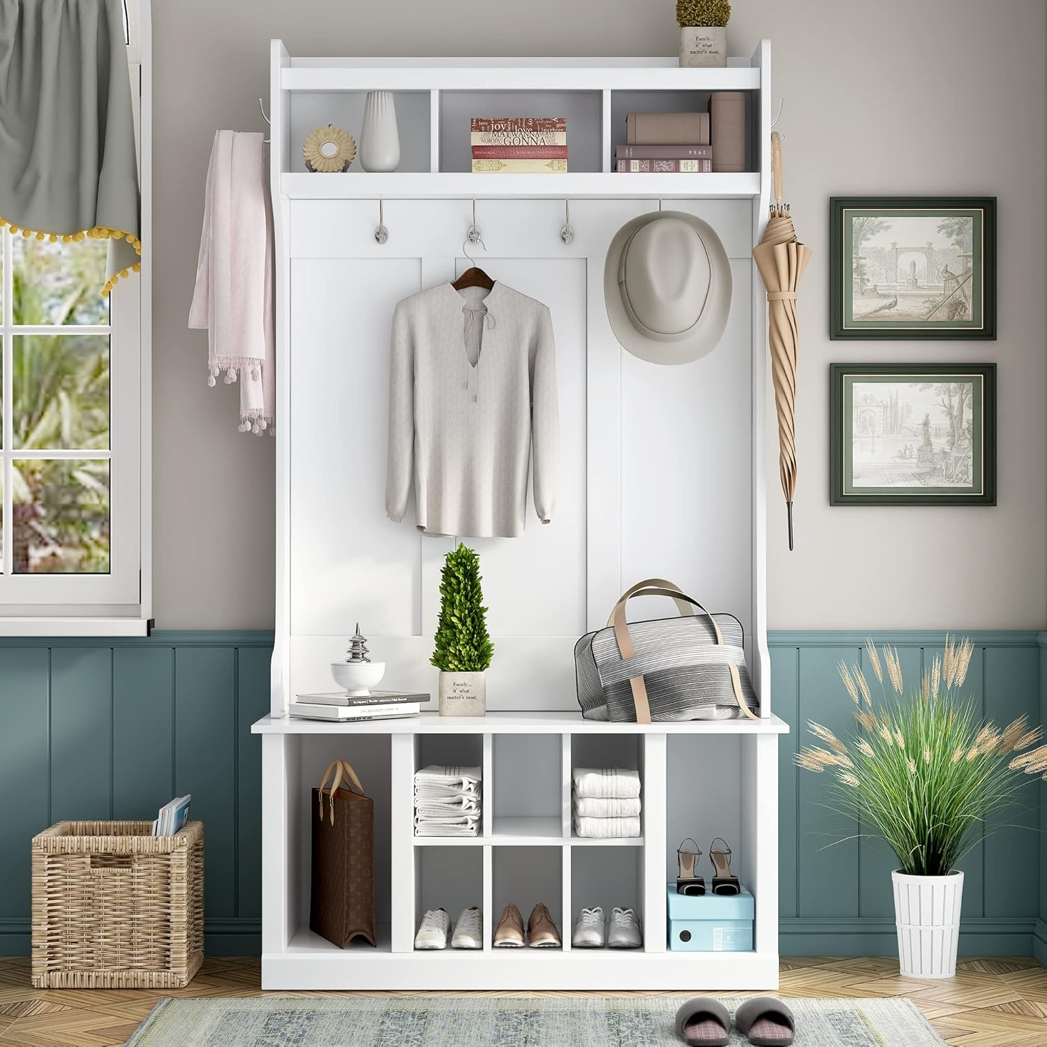 NicBex Hall Tree with Bench and 6 Hooks, White X571