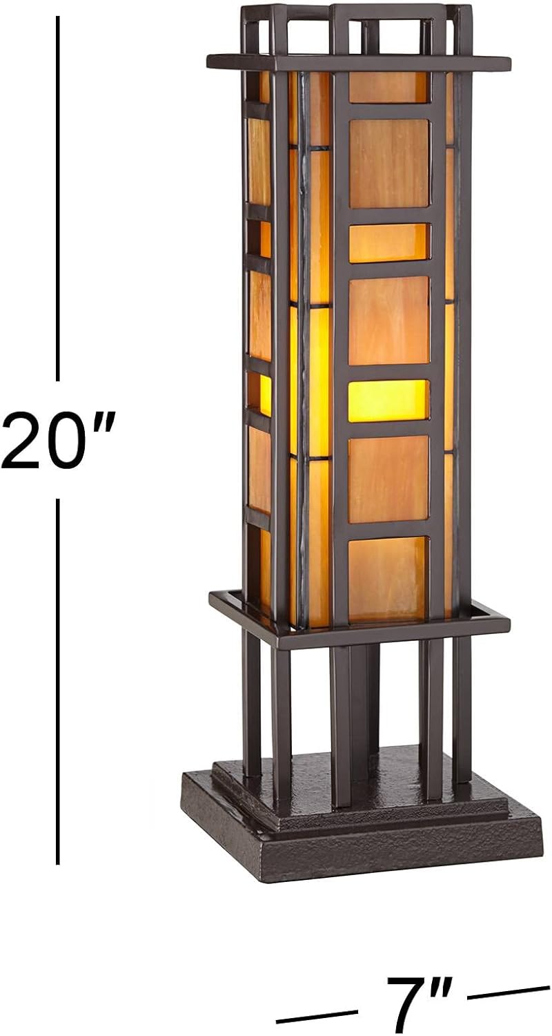 Robert Louis Tiffany Prairie Style Mission Rustic Pillar Accent Table Lamp Bronze Iron Hand-Cut Amber Stained Art Glass U394292