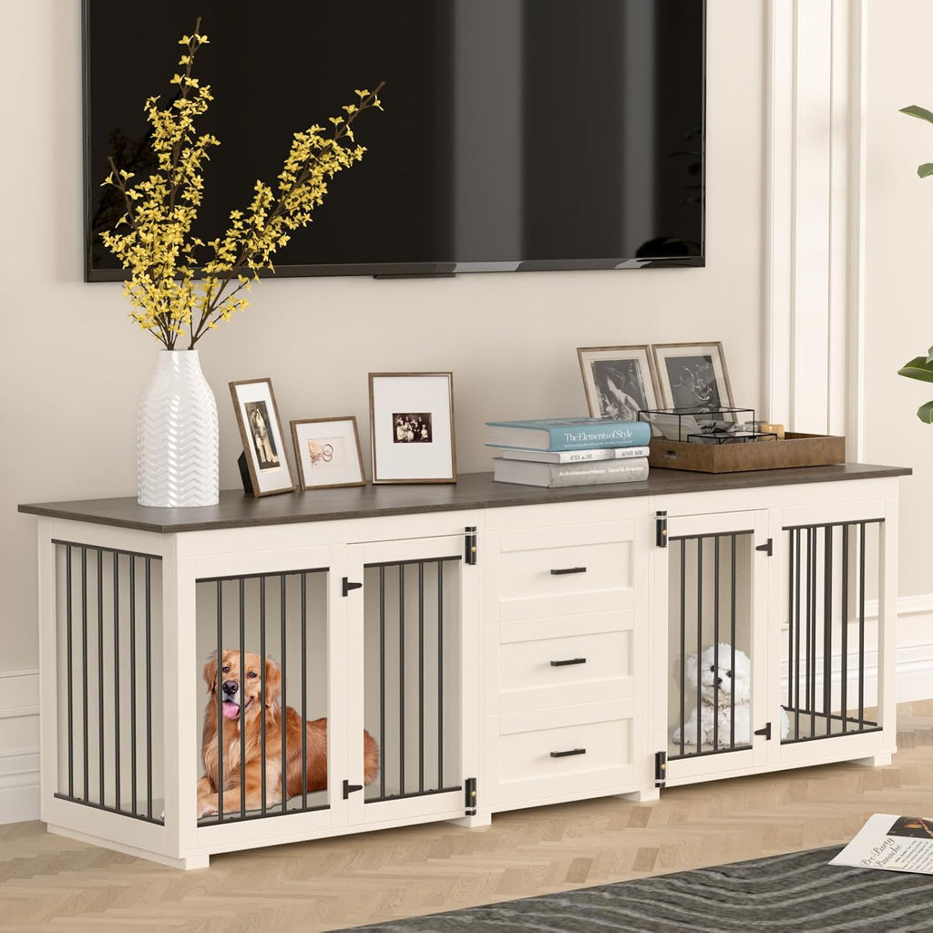 94.5" Large Dog Crate Furniture for 2 Dogs, Wooden Double Dog Kennel Furniture with 3 Drawers, Heavy Duty Indoor Furniture Style Dog Crate/TV Stand - White