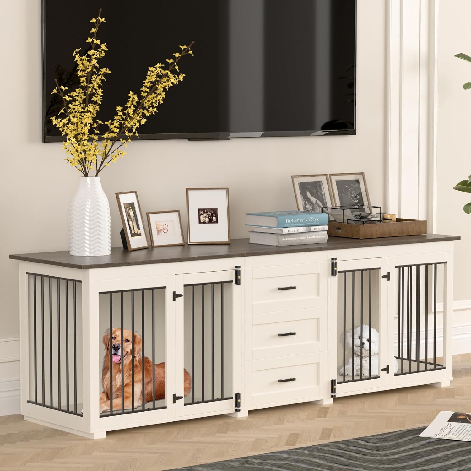 94.5" Large Dog Crate Furniture for 2 Dogs, Wooden Double Dog Kennel Furniture with 3 Drawers, Heavy Duty Indoor Furniture Style Dog Crate/TV Stand - White