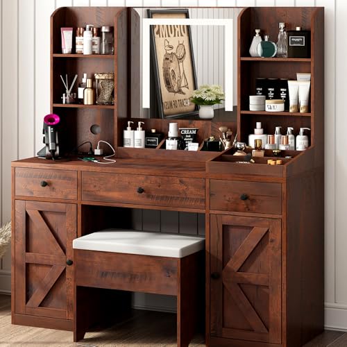Farmhouse Vanity Desk w/Outlet & Stool, 11 Storage Shelves 3 Drawers 2 Big Cabinets, 43" White Vanity Table Make up Desk w/Mirror and Lights, Rustic LED Vanity Set for Women, Girls