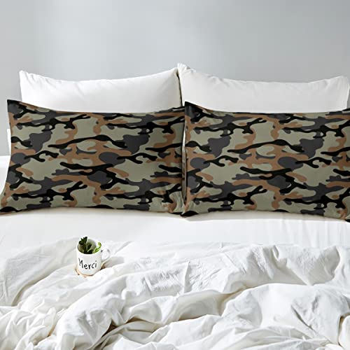 Camouflage Bedding Set Queen Size, Boys Camo Comforter Set with Two Pillowcases, Orange and Brown V2620