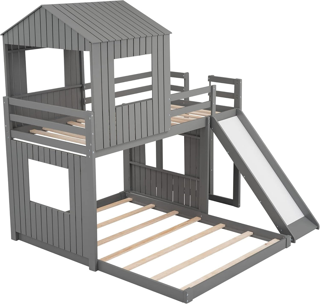 Twin Over Full Wood Bunk Bed with Ladder, Slide and Guardrails, Gray D3749