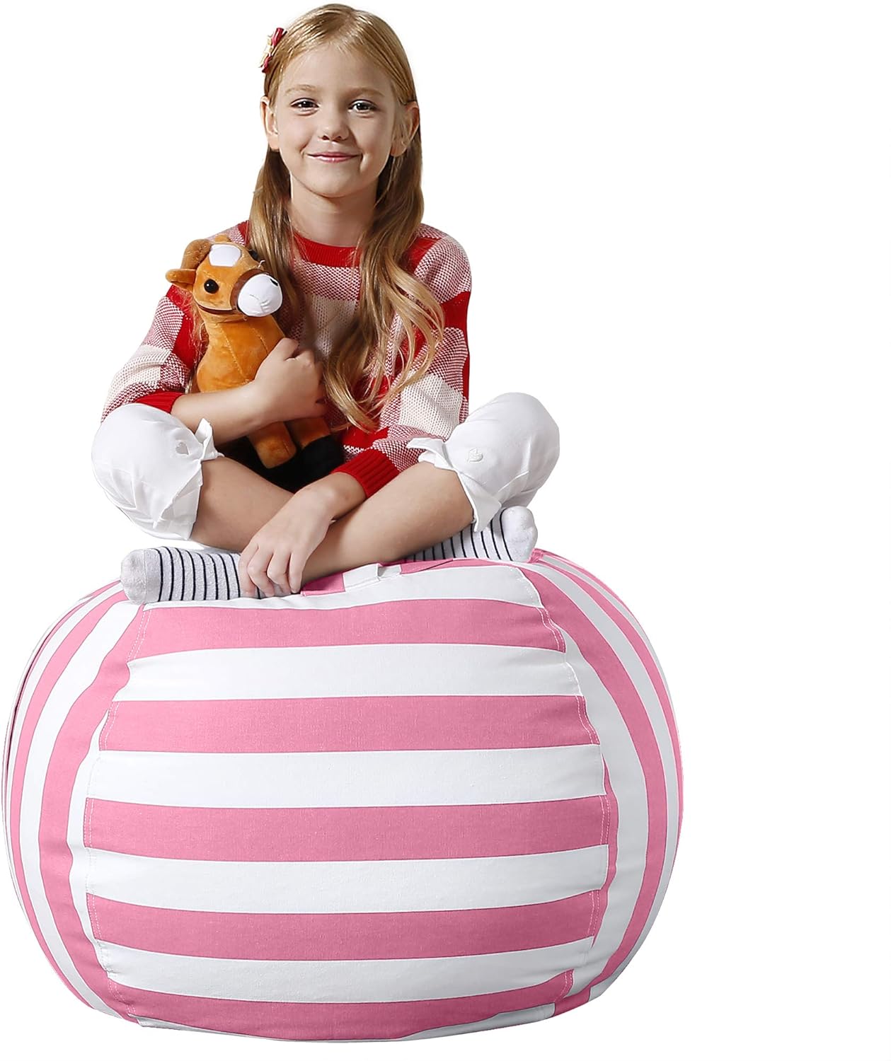 Aubliss Stuffed Animal Bean Bag Storage Chair, Beanbag Covers Only for Organizing Plush Toys, Turns into Bean Bag Seat for Kids When Filled, Medium 32"-Canvas Stripes Pink/White