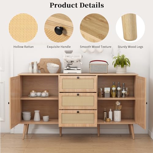 Rattan Sideboard Buffet Cabinet with 2 Doors and 3 Drawers A392923