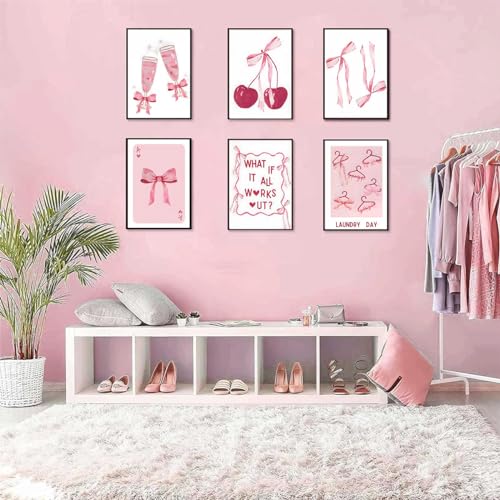 6Pcs Pink Bows Wall Art, Coquette Posters for Room Decor, Unframed 8x10in L544