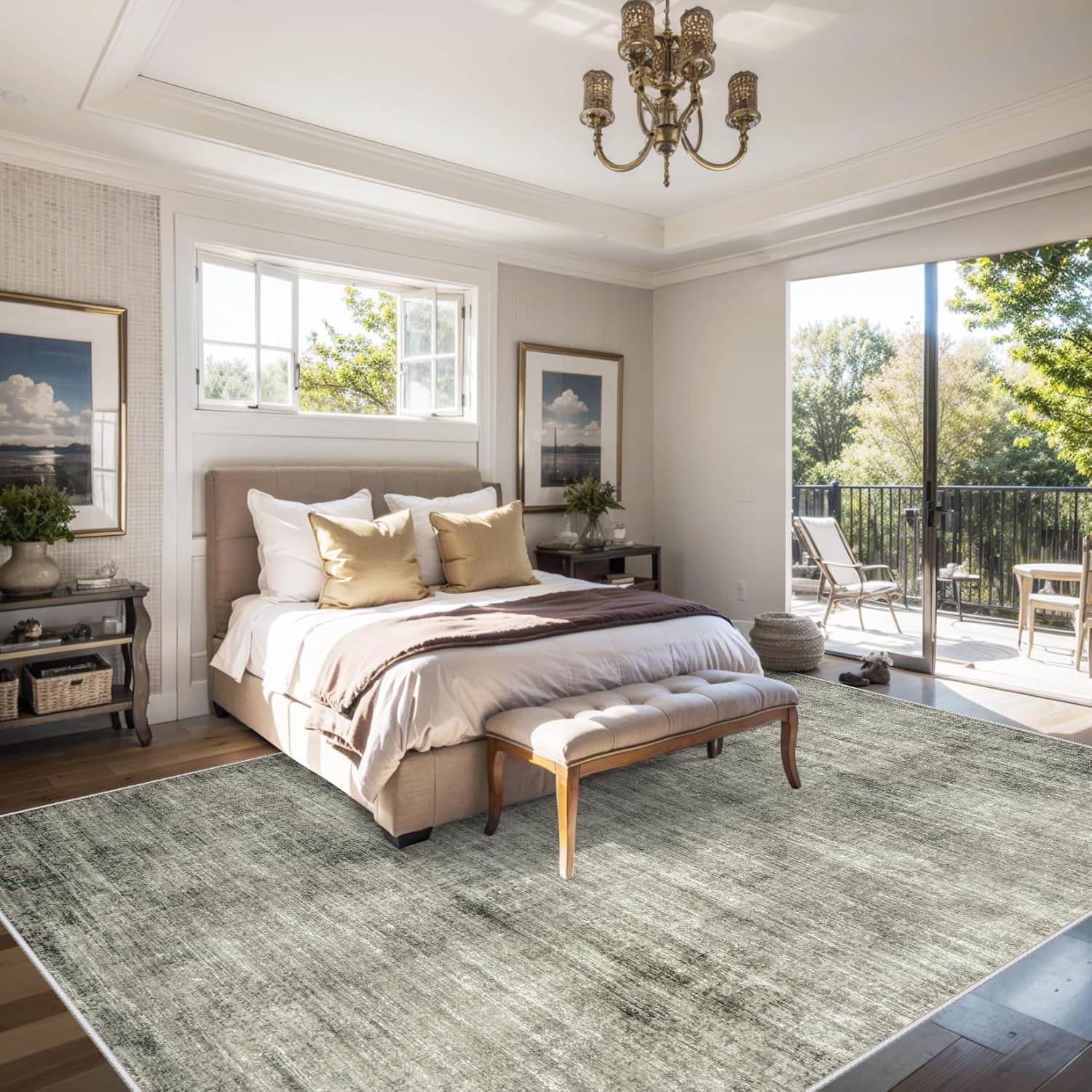 Washable 8x10 Abstract Area Rug for Living Room Bedroom (Grey) K415
