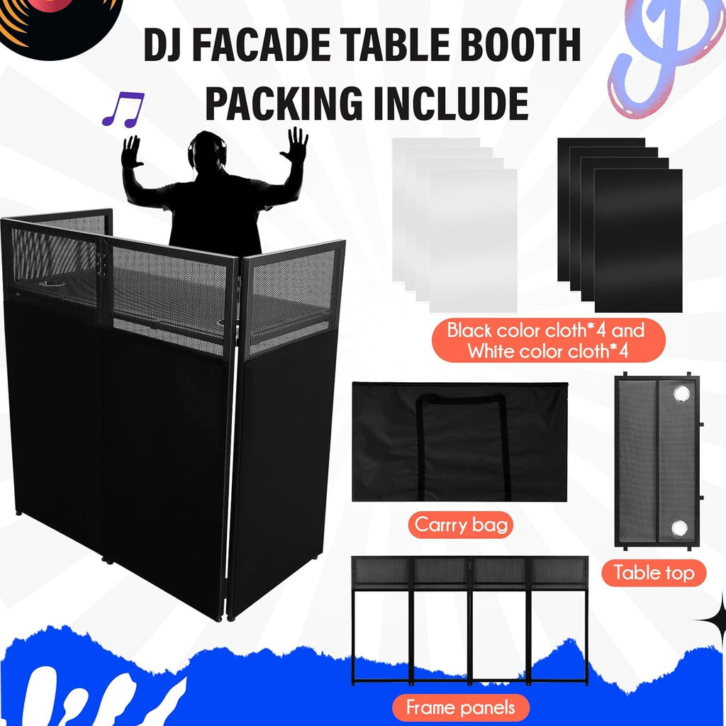 Portable DJ Facade Booth with White & Black Scrim, Foldable Table Station, Black Metal Frame Q241