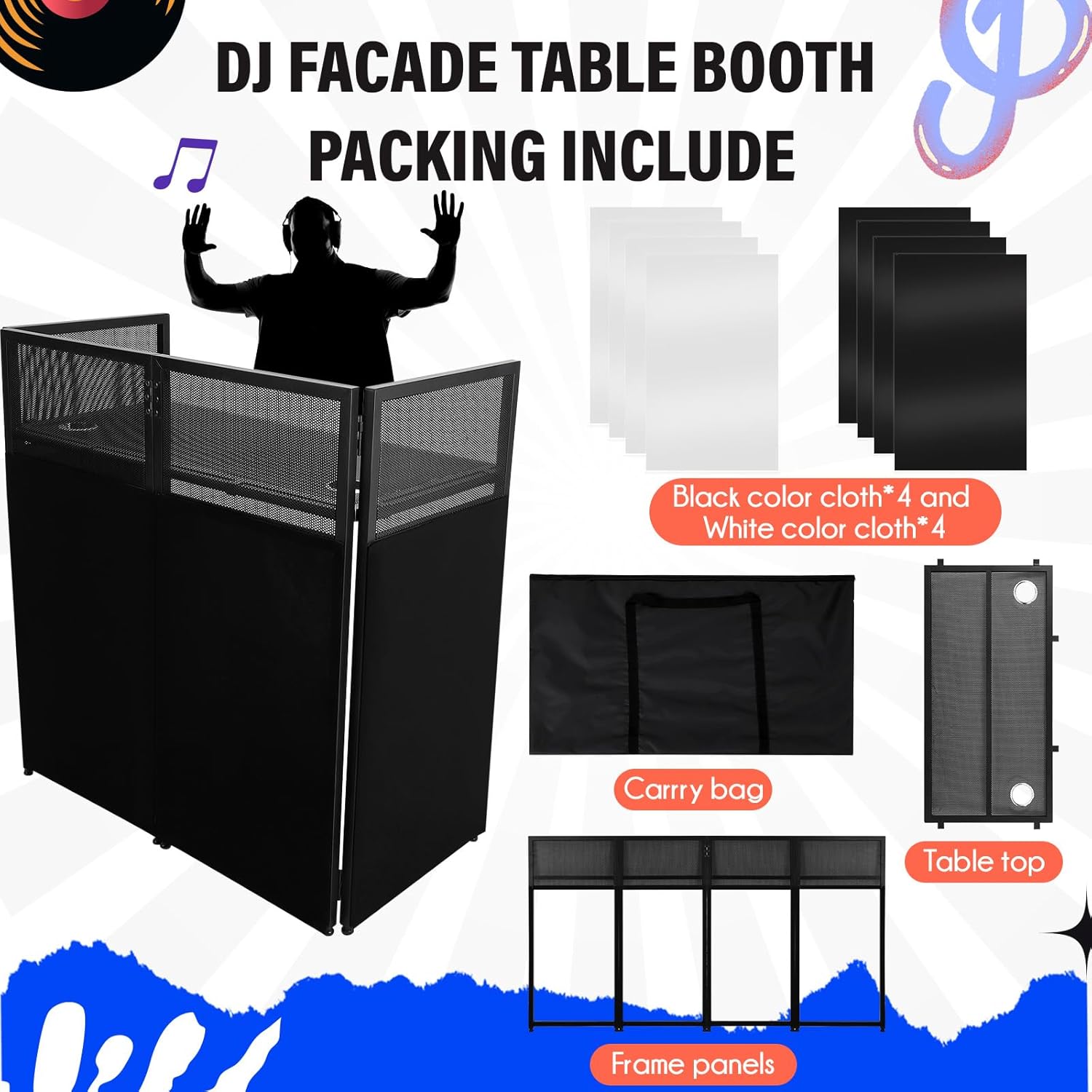 Portable DJ Facade Booth with White & Black Scrim, Foldable Table Station, Black Metal Frame Q241