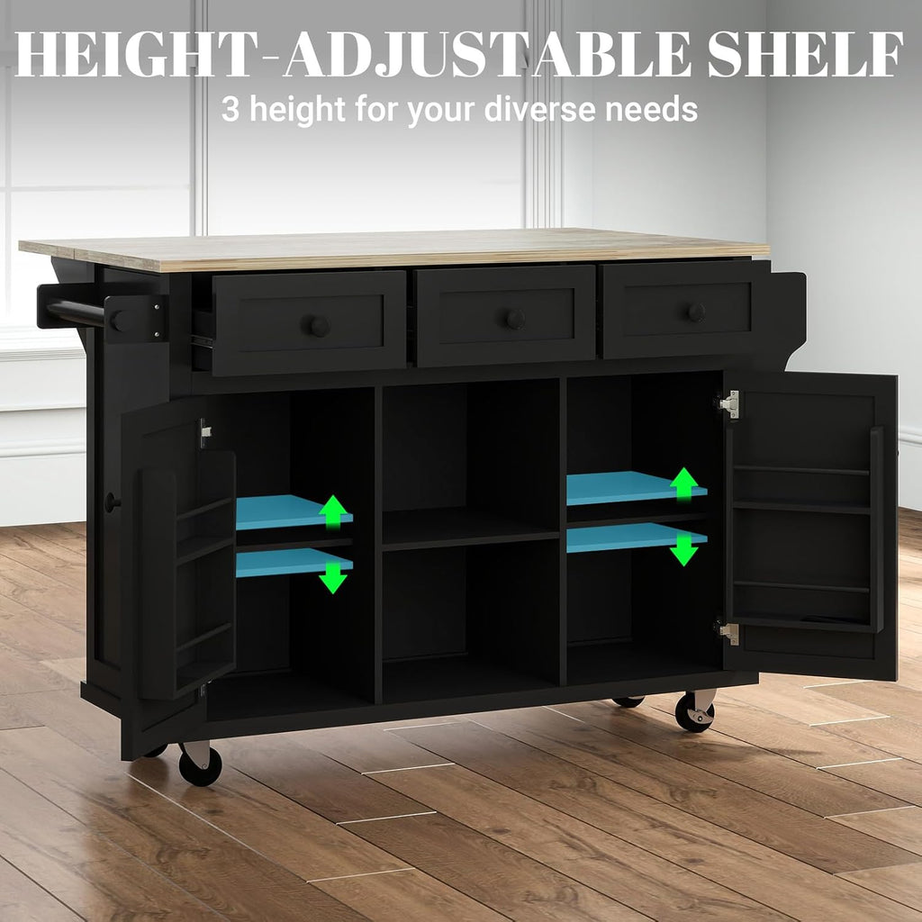 Rolling Kitchen Island with Drop Leaf, Storage, Drawer and Cabinet, 53in, Black C32769