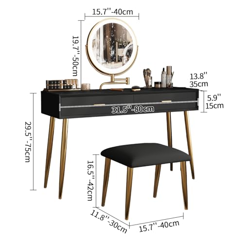 Vanity Desk Set with 360° Rotating Mirror and Lights, 2 Drawers, Stool - 31.5in Black V740779