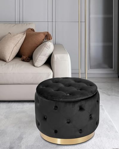 Button Tufted Velvet Round Storage Ottoman with Gold Base, Beige T415647