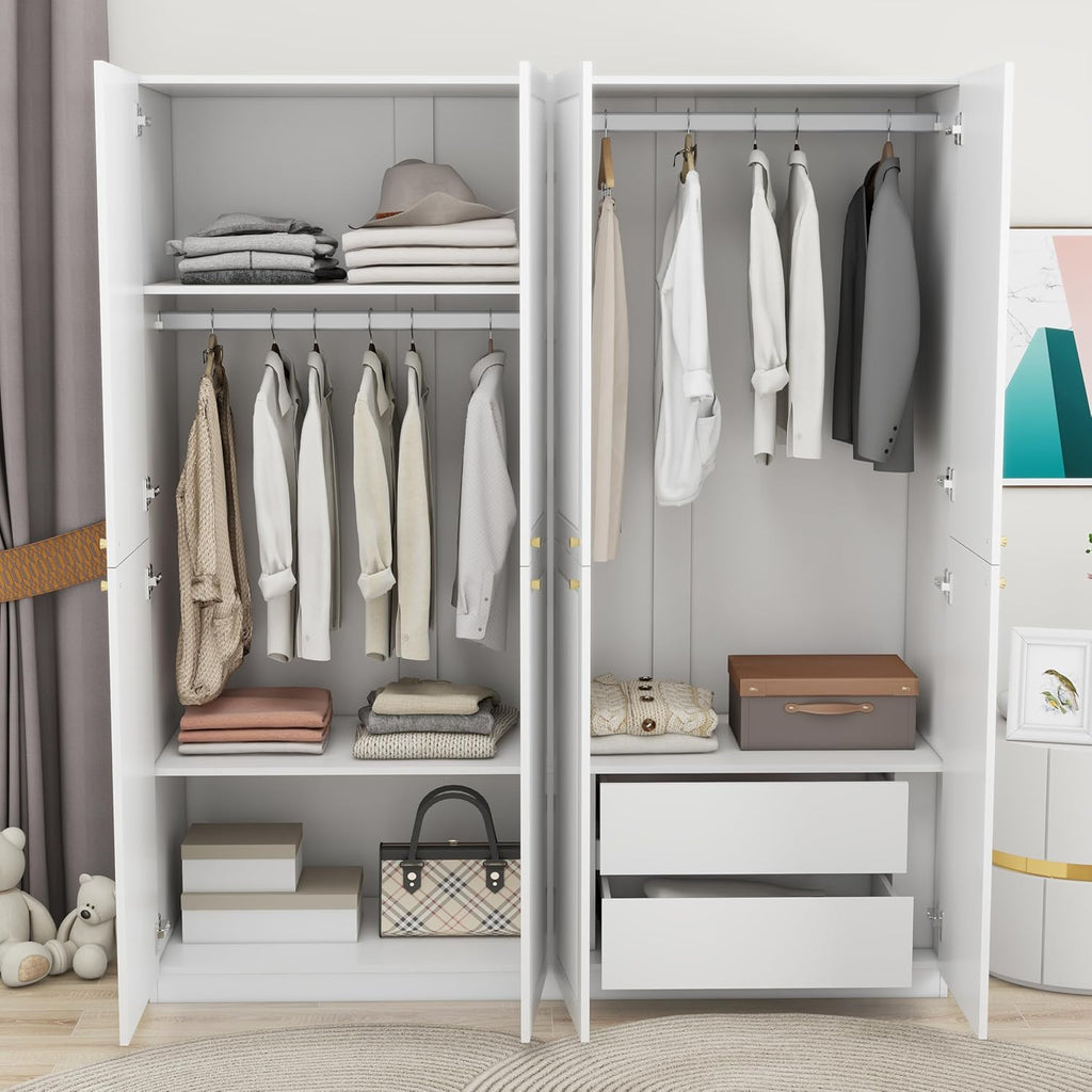 4 Door European Modern Wardrobe Wood White with 2 Storage Drawers A128