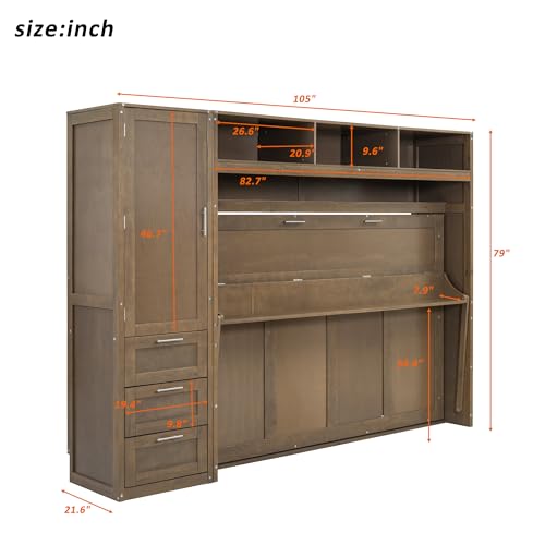 Full Size Murphy Bed Wall Bed with Wardrobe, 3 Drawers and Shelves, Antique Grey T745