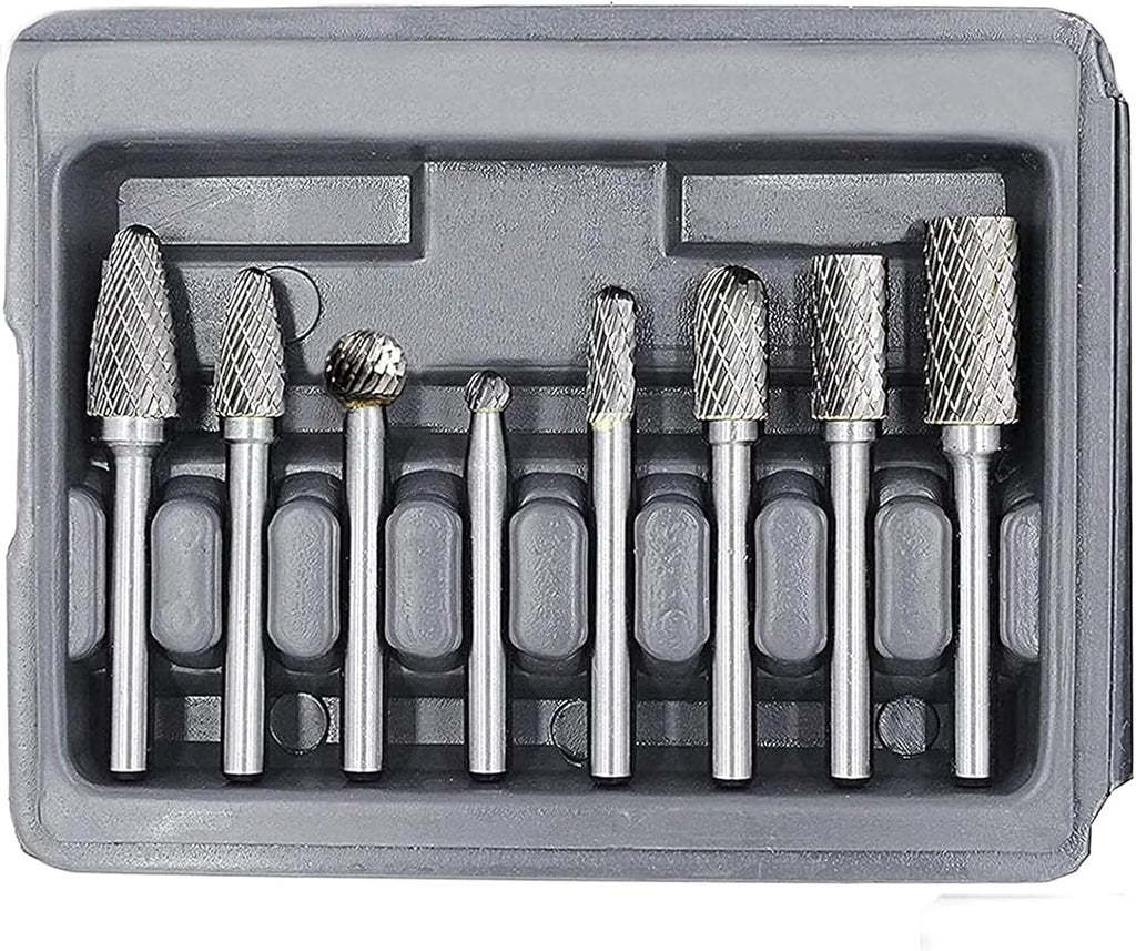 Carbide Rotary Burr Set 1/4'' Shank, 8PCS Double Cut Die Grinder Bits Grinding Tool for Metal Wood Jade Carving Engraving Polishing Drilling Milling Cutting