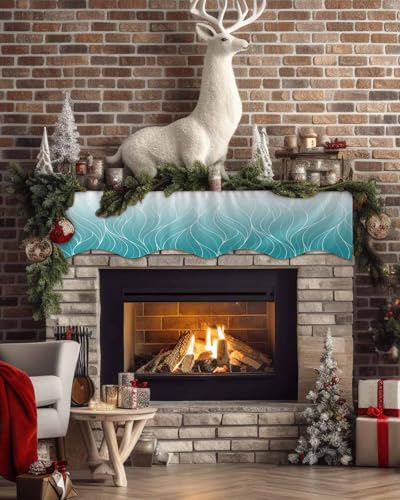 Fireplace Mantel Runner Ombre Teal Blue Geometric White Striped Design 60 x 17 Inches R6859
