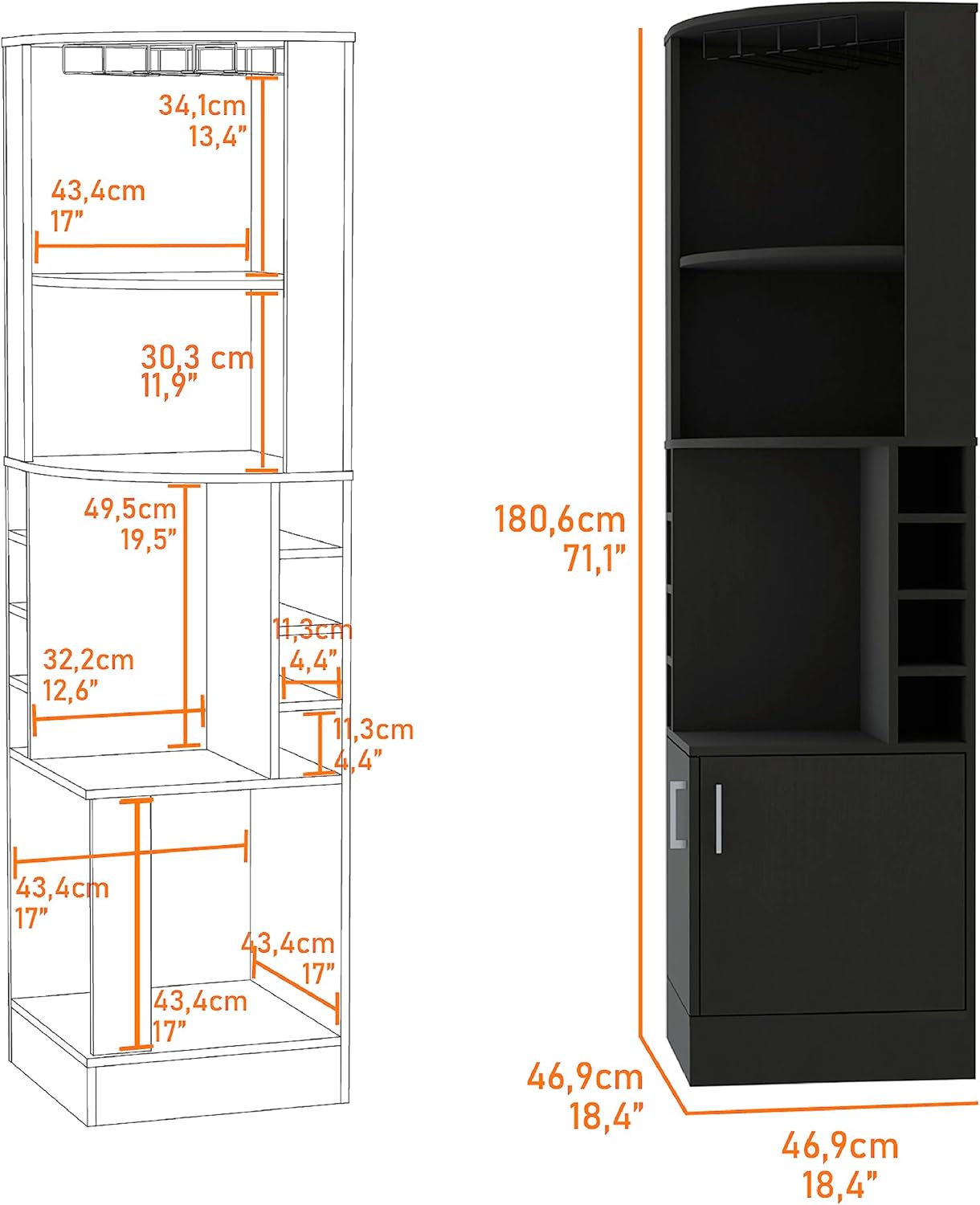 71 Inch Tall Corner Bar Wine Cabinet with Storage, Black Wengue Finish P837720