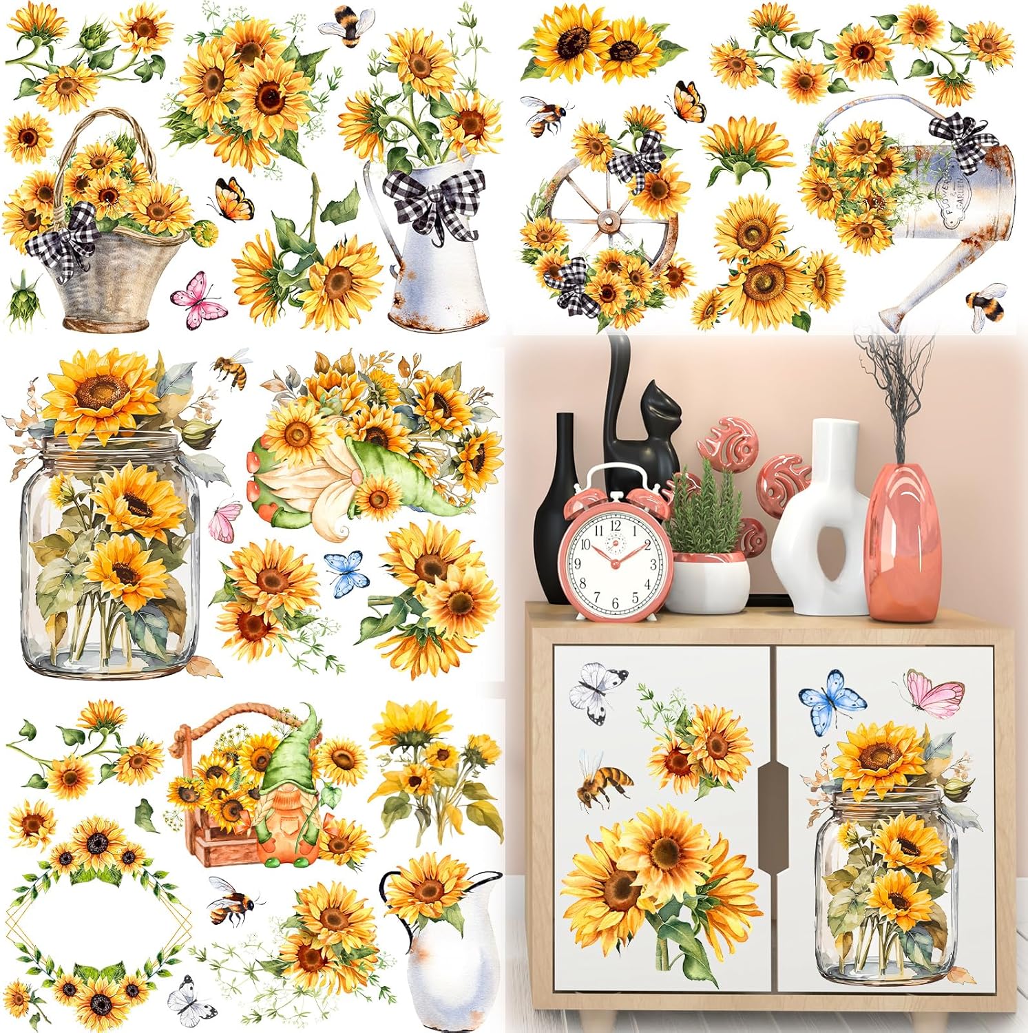 4 Sheets 11.8 x 7.8 inch Sunflower Rub on Transfer for Furniture and Craft Large Vintage Flowers Rub on Transfers Stickers Spring Summer Flowers Decoration Transfers for Furniture Home Wall Decor
